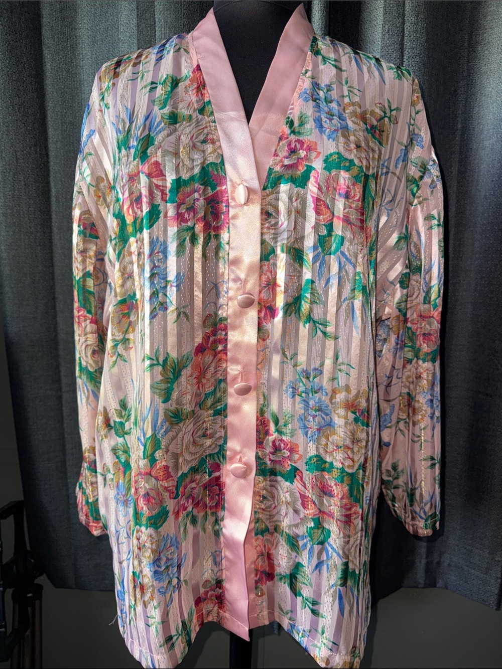 Vintage Victoria’s Secret Floral Satin-Trim Button Front Robe Jacket